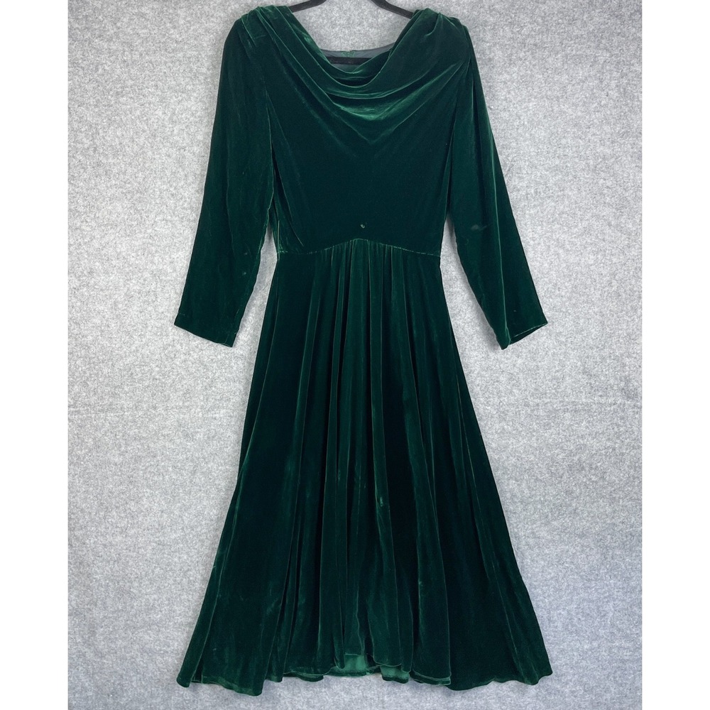 VTG Talbots Maggie London Velvet Dress Womens 8 Green Silk Rayon Midi Whimsigoth